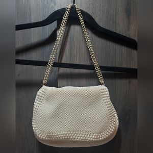 Vintage Embellised Ivory White Shoulder Bag Chain Strap Purse Late 70s evening